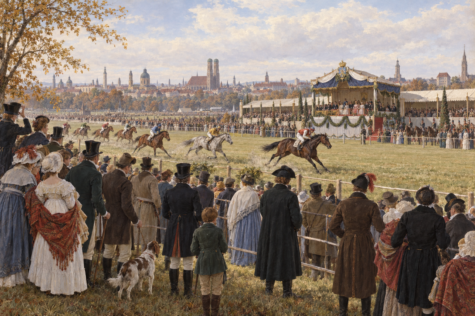 Kapplöpningen den 17 oktober 1810 förde bröllopsfirandet ut på ängen som fick Thereses namn. Rekonstruktion av den öppna festplatsen före ölhallarnas och nöjesfältets tid.