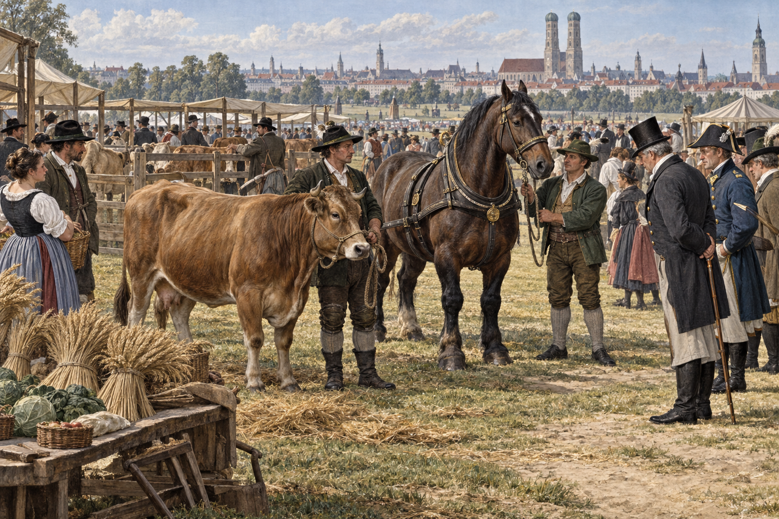 År 1811 fogades en lantbruksutställning till firandet: avelsdjur, produkter och nyttig kunskap fick plats bredvid nöjena. Bilden är en rekonstruktion.