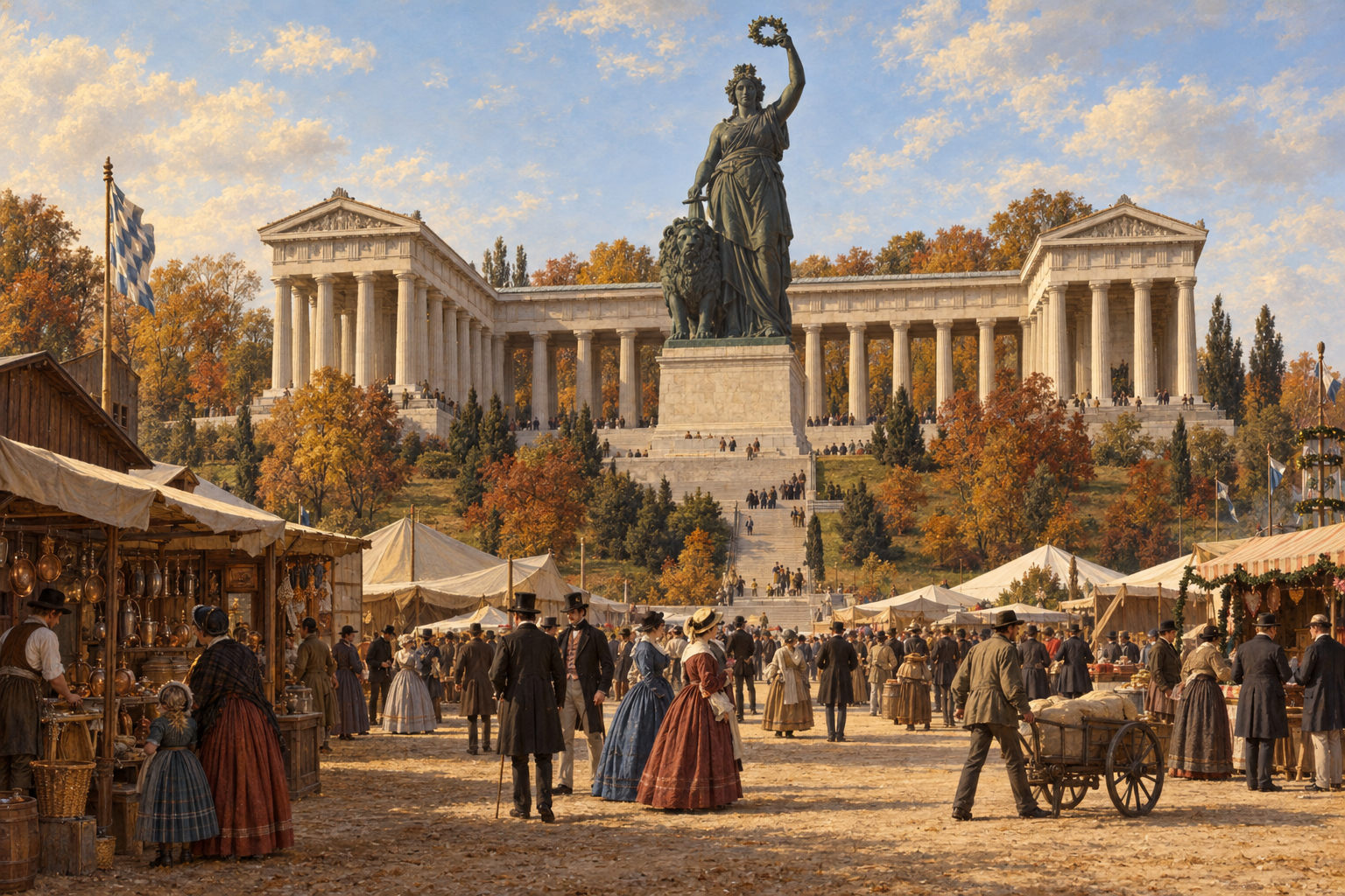 Bavaria invigdes 1850, och Ruhmeshalle bakom henne gav festplatsen en monumental inramning. Rekonstruktionen visar hur det högtidliga och det vardagliga möttes omkring 1860.