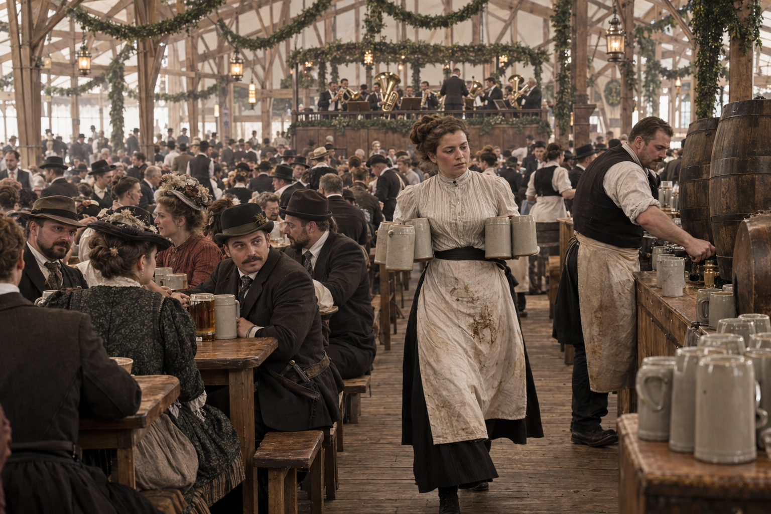 Kring sekelskiftet 1900 hade stora ölhallar förändrat festens skala och rytm. Den fotografiska rekonstruktionen lyfter fram serveringsarbetet som gjorde överflödet vid borden möjligt.