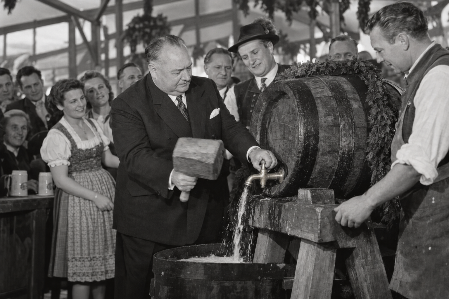 Thomas Wimmer inledde 1950 traditionen att Münchens borgmästare öppnar festen genom att slå tappen i det första fatet. Fotografisk rekonstruktion av en efterkrigsritual som senare blivit ett av Oktoberfests kännetecken.