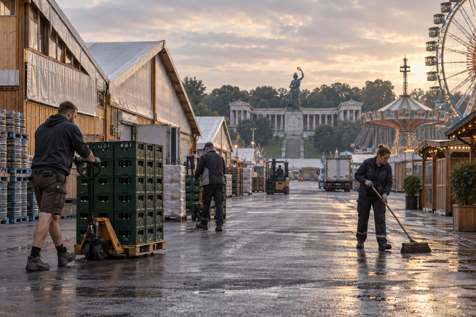 Dagens miljonfest är också en arbetsplats för leveranser, städning och tung servering. Fotografisk rekonstruktion av morgonarbetet på Theresienwiese innan gästerna kommer.