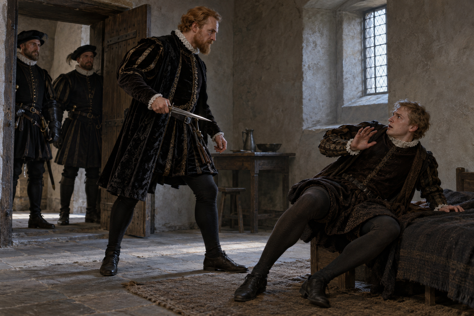 Erik XIV angrep själv Nils Sture med en dolk på Uppsala slott den 24 maj 1567. Rekonstruktionen visar konfrontationen; rummets utseende och personernas placering är inte säkert kända.