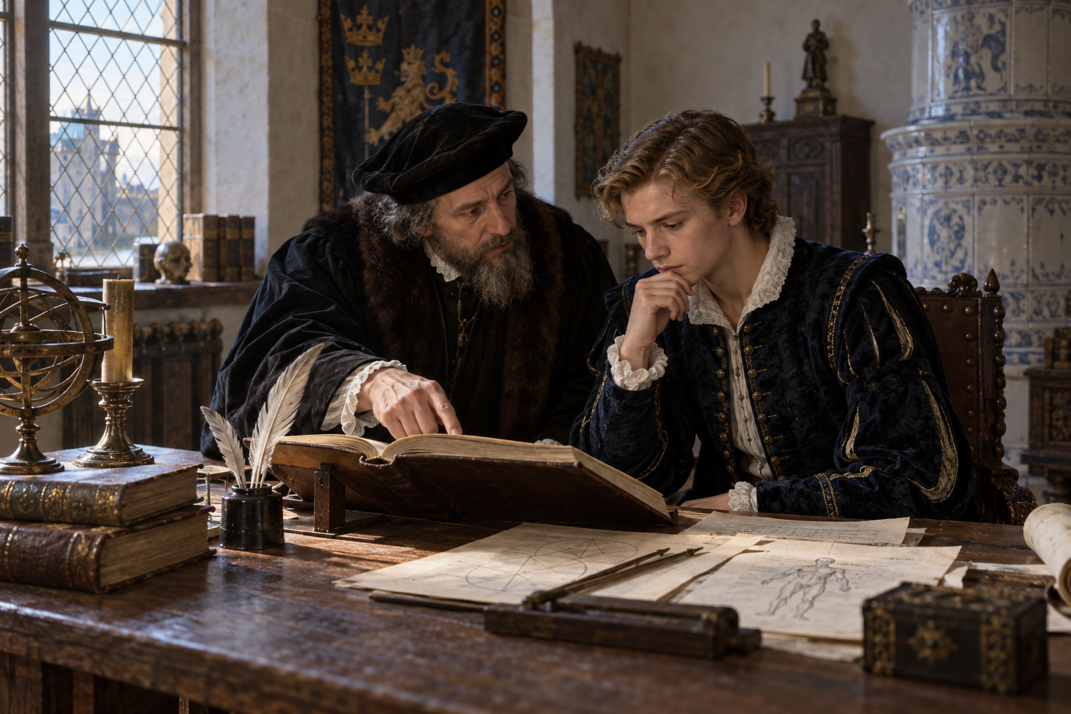Under Dionysius Beurraeus fick Erik en humanistisk utbildning i bland annat språk, historia och politiskt tänkande. Rekonstruerad studiescen från prinsens ungdom, inte ett dokumenterat enskilt undervisningstillfälle.
