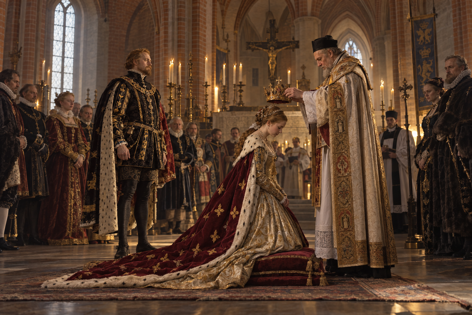 Karin Månsdotter kröntes till drottning i Stockholm i juli 1568, efter parets offentliga bröllopsceremoni. Rekonstruktion av en upphöjelse som bröt mot dynastiska förväntningar och stärkte sonen Gustavs ställning som arvinge.