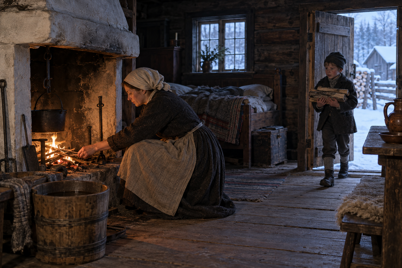 Elden, veden och vattnet krävde arbete redan innan dagens övriga sysslor tog vid. Rekonstruktion av en vintermorgon på en mindre bondgård i Mellansverige 1826.