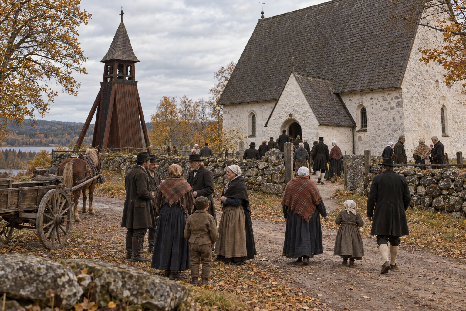 Kyrkan var både gudstjänstplats och en mötespunkt där socknens invånare kunde utbyta nyheter och knyta kontakter. Rekonstruktion av en söndag vid en mellansvensk landsortskyrka.