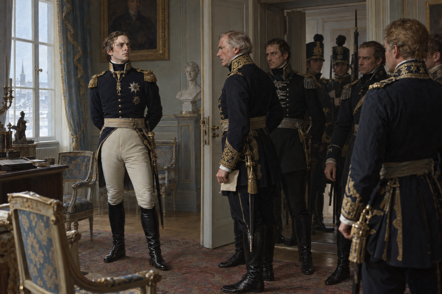 Gustav IV Adolf greps på Stockholms slott den 13 mars 1809 av officerare med Carl Johan Adlercreutz i spetsen. Rekonstruktion av statskuppen som föregick en ny författning och en osäker tronföljd.