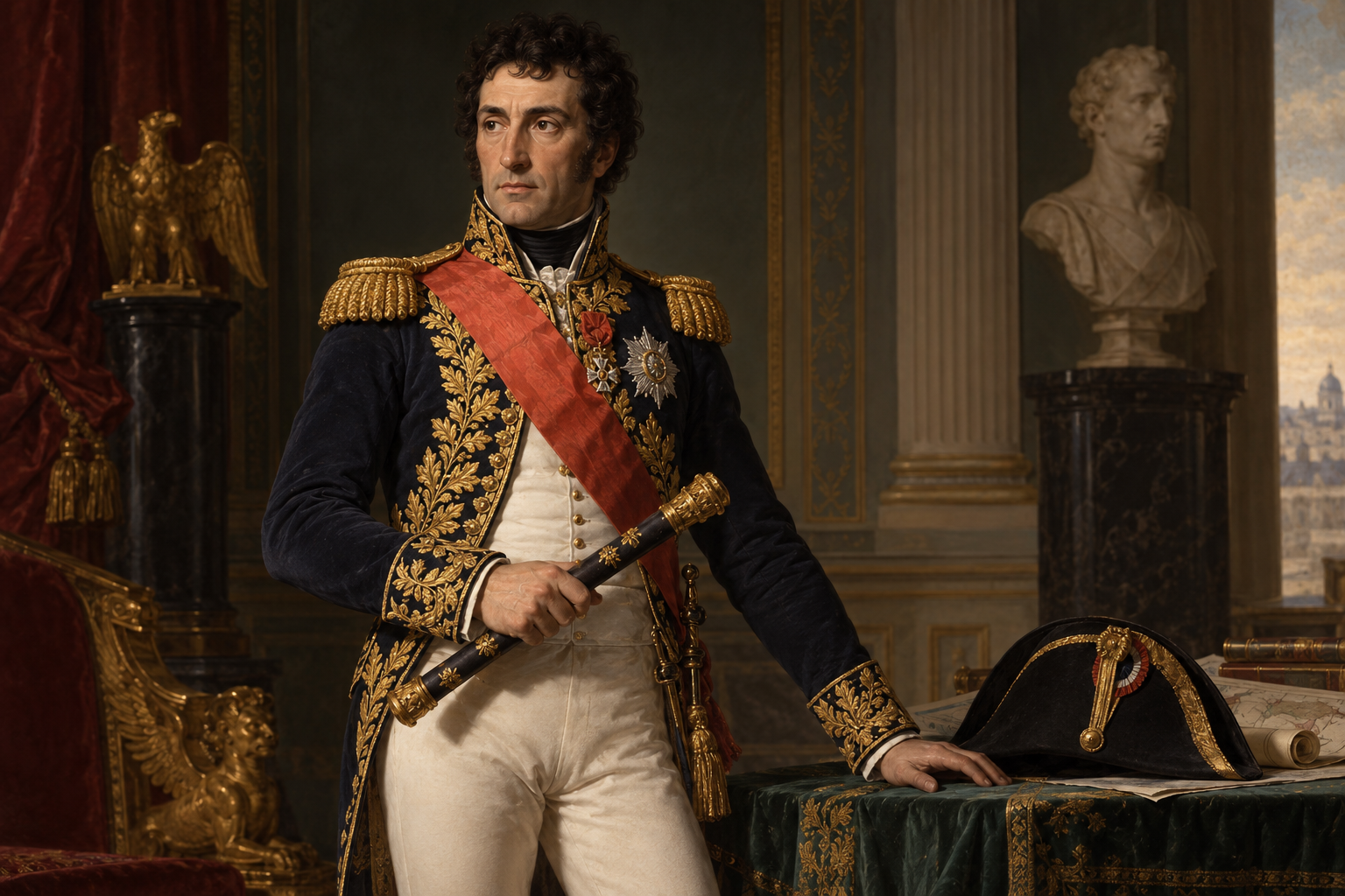 Jean Baptiste Bernadotte hade avancerat från vanlig soldat till marskalk av Frankrike och furste av Pontecorvo. Rekonstruerat porträtt av den militära auktoritet som gjorde honom attraktiv som svensk tronföljare.