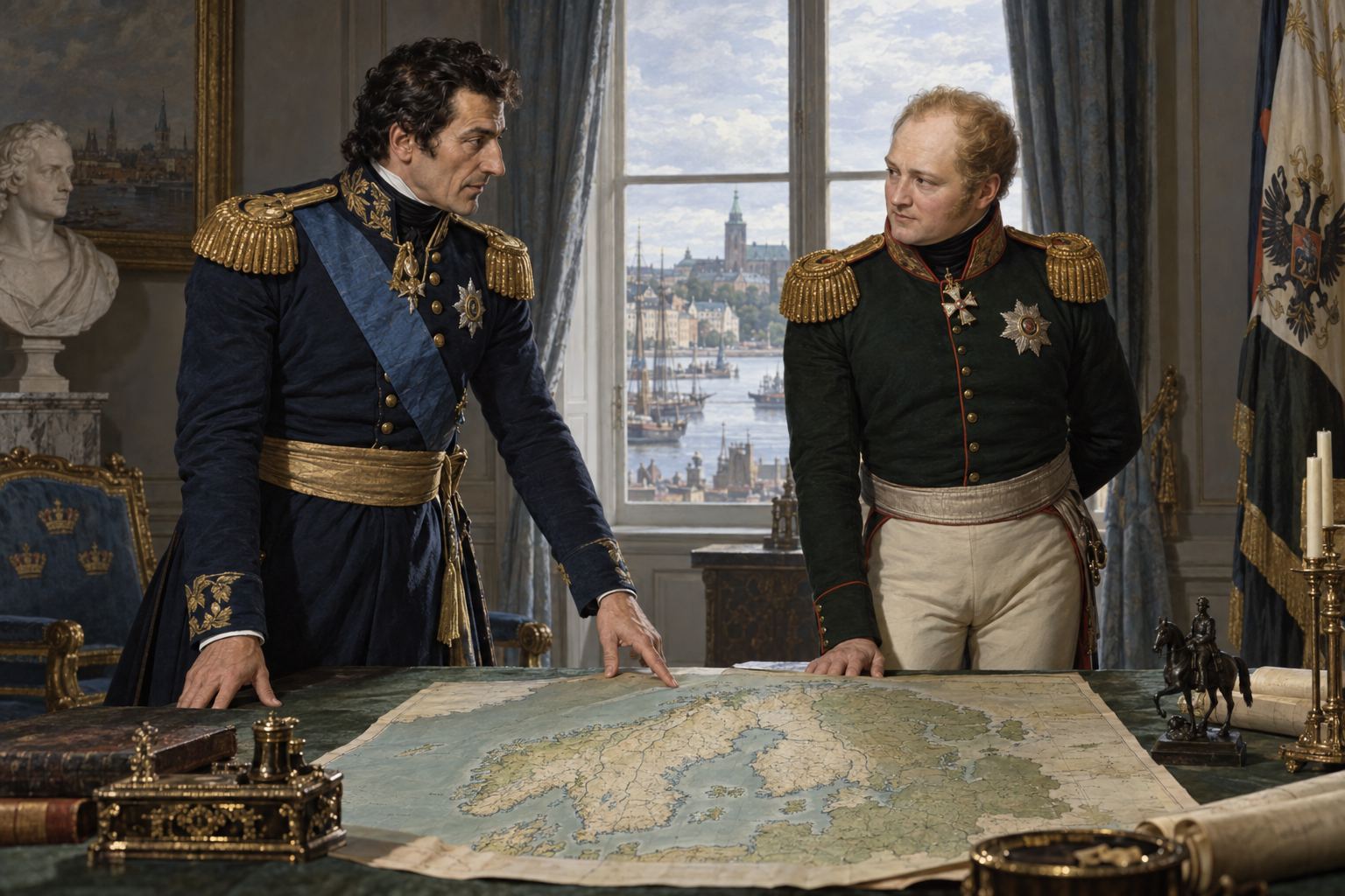 Karl Johan mötte Alexander I i Åbo i augusti 1812 som ett led i närmandet till Ryssland. Rekonstruktion av den diplomatiska kursändring där Finland fick förbli förlorat och Norge blev Sveriges mål.
