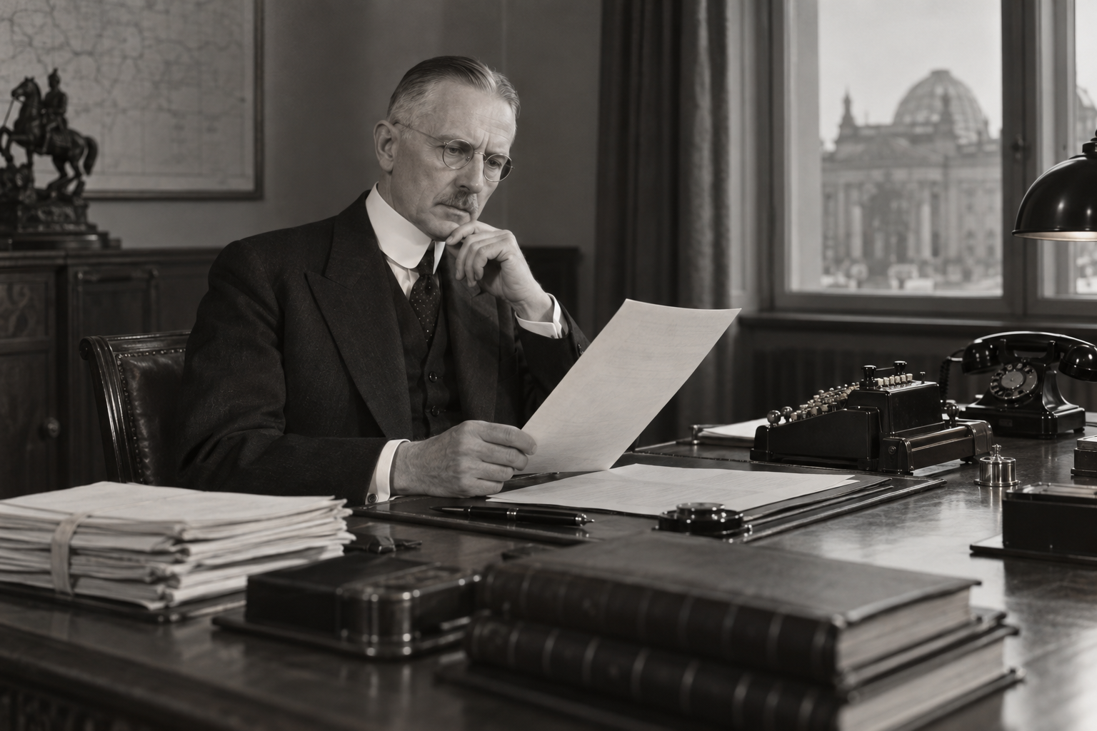 Hjalmar Schacht spelade en central roll i finansieringen av upprustningen genom bland annat Mefo-växlarna, som användes från 1934. Rekonstruerad kontorsscen: växlarna sköt betalningar framåt och dolde delar av rustningsutgifterna, men undanröjde inte skulden.
