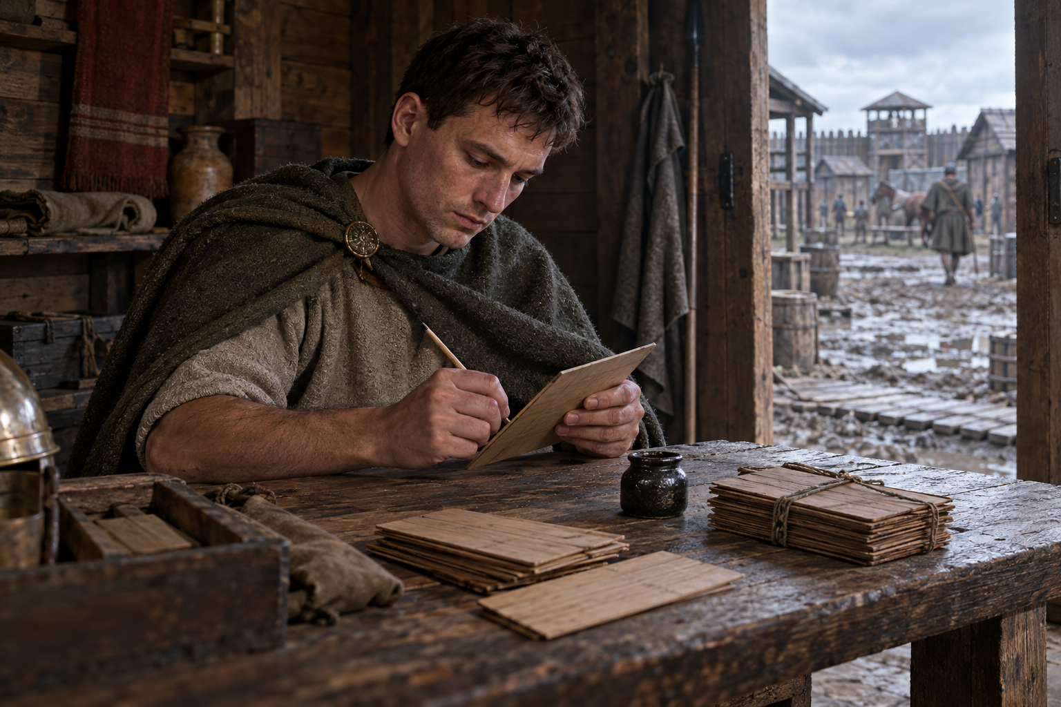 De tunna trätavlorna från Vindolanda bevarar brev, rapporter och räkenskaper från garnisonens vardag kring år 100. Rekonstruktion av en skrivande soldat; många av fynden har bläcktext, inte text ristad i vax.