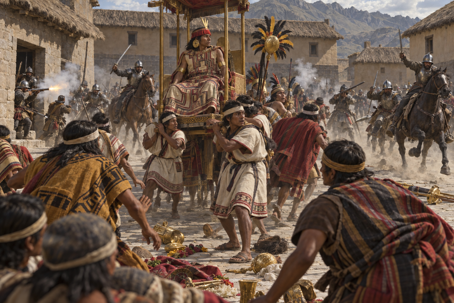 Den 16 november 1532 överföll spanjorerna Atahualpas följe i Cajamarca och tog härskaren till fånga. Rekonstruktionen skildrar ett avgörande bakhåll – inte ett enda slag som besegrade hela inkariket.