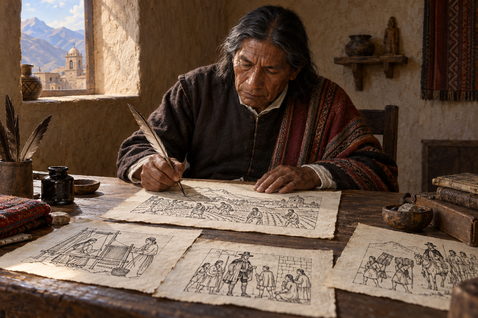 Felipe Guaman Poma de Ayala skildrade andinskt liv och kritiserade koloniala övergrepp i sin illustrerade krönika, färdigställd omkring 1615. Fri rekonstruktion av författaren i arbete, inte ett belagt porträtt.