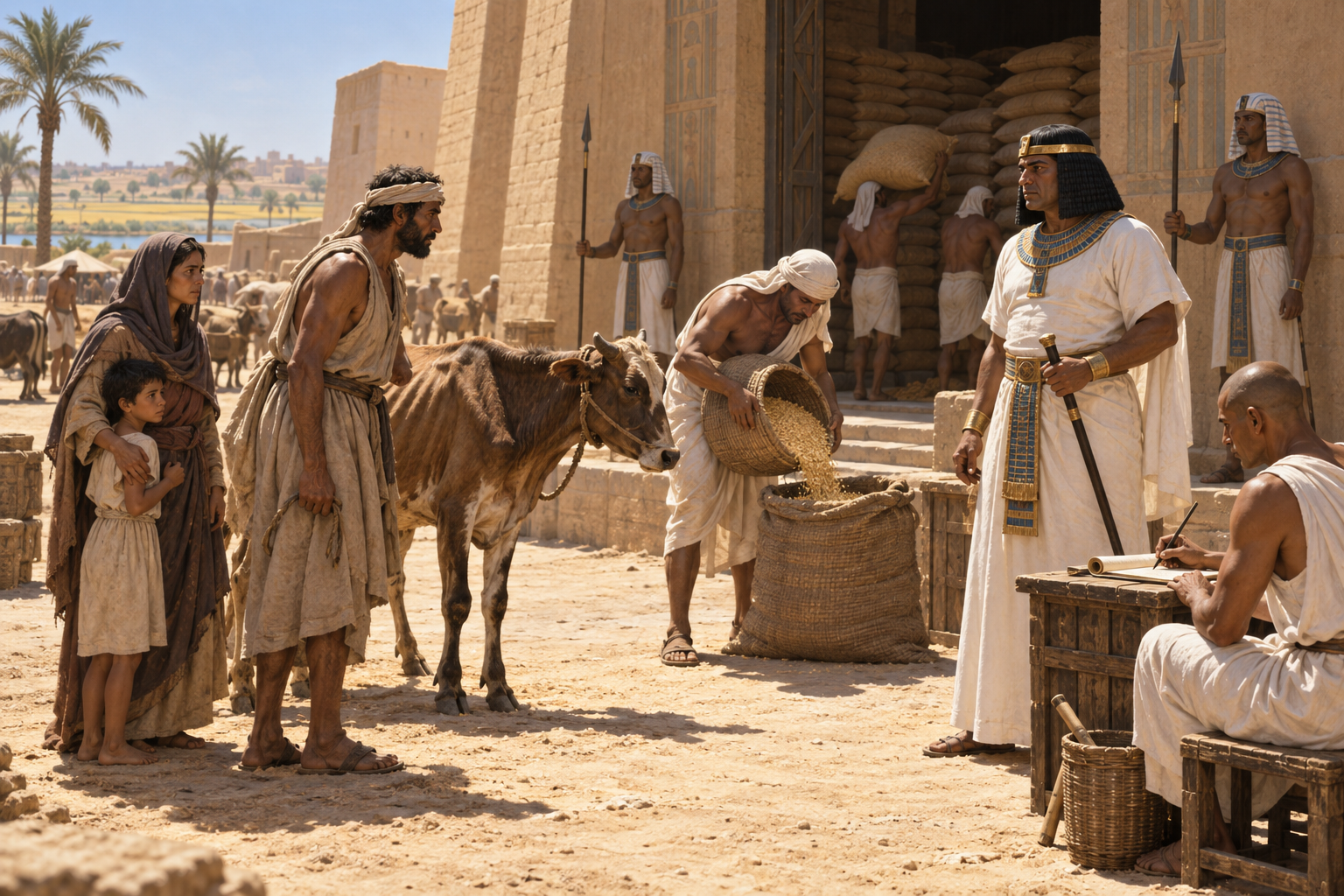När pengarna tar slut lämnar egyptierna enligt berättelsen sin boskap i utbyte mot mat. Rekonstruktionen visar hungersnödens maktförskjutning: överlevnaden gör befolkningen alltmer beroende av faraos förråd.