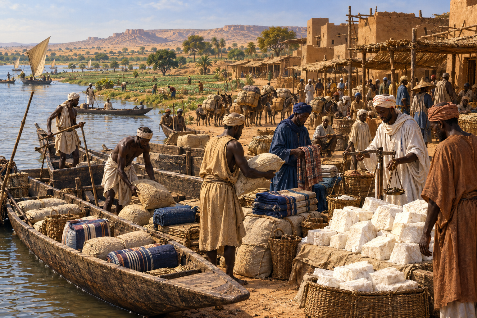 Nigerfloden band samman odlingsbygder och marknader med handelsvägarna genom Sahara. Rekonstruktionen visar hur spannmål, textilier och salt kunde mötas vid en handelsplats i Maliriket.