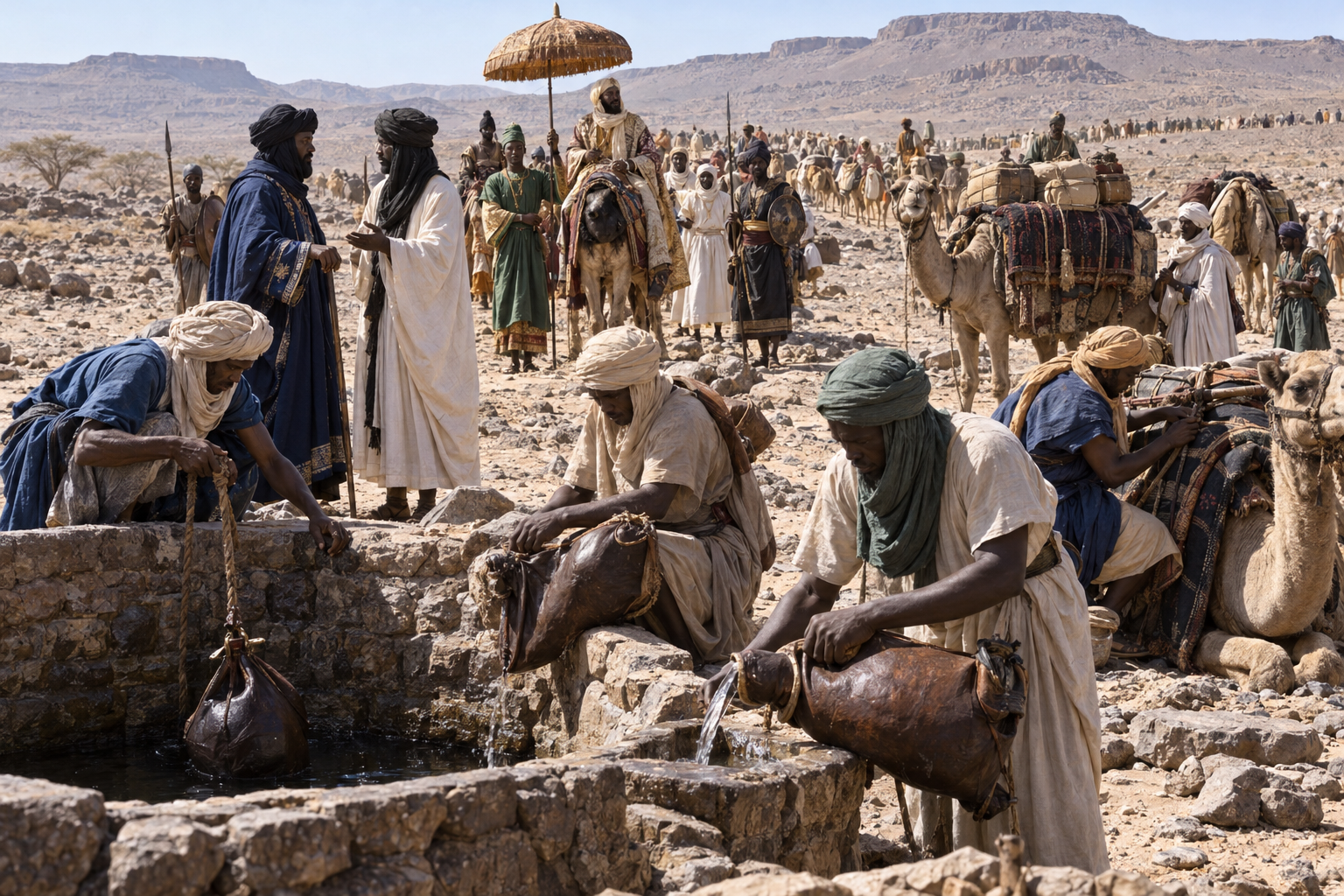 Musas pilgrimsfärd 1324 krävde vägvisare, vattenförsörjning och ett omfattande arbete med djur och packning. Rekonstruktion; källornas uppgifter om föl挛ets storlek går inte att kontrollera.