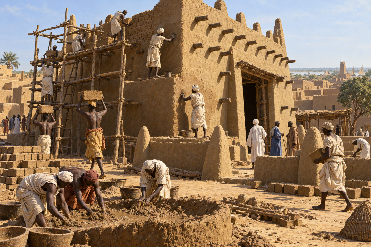 Musa förknippas med moskébyggen i Timbuktu, där Djingareybermoskén brukar dateras till omkring 1327. Rekonstruktionen framhäver lokalt byggnadskunnande och återger inte moskéns ursprungliga utseende som säkert känt.