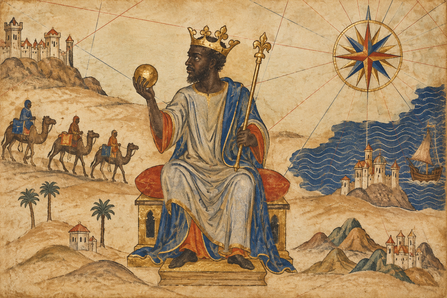I den katalanska atlasen från 1375 framställs Musa med krona, spira och guldkula – europeiska bildsymboler för kungamakt och rikedom. Fri rekonstruktion av motivet, som vittnar om hans rykte snarare än hans verkliga utseende.