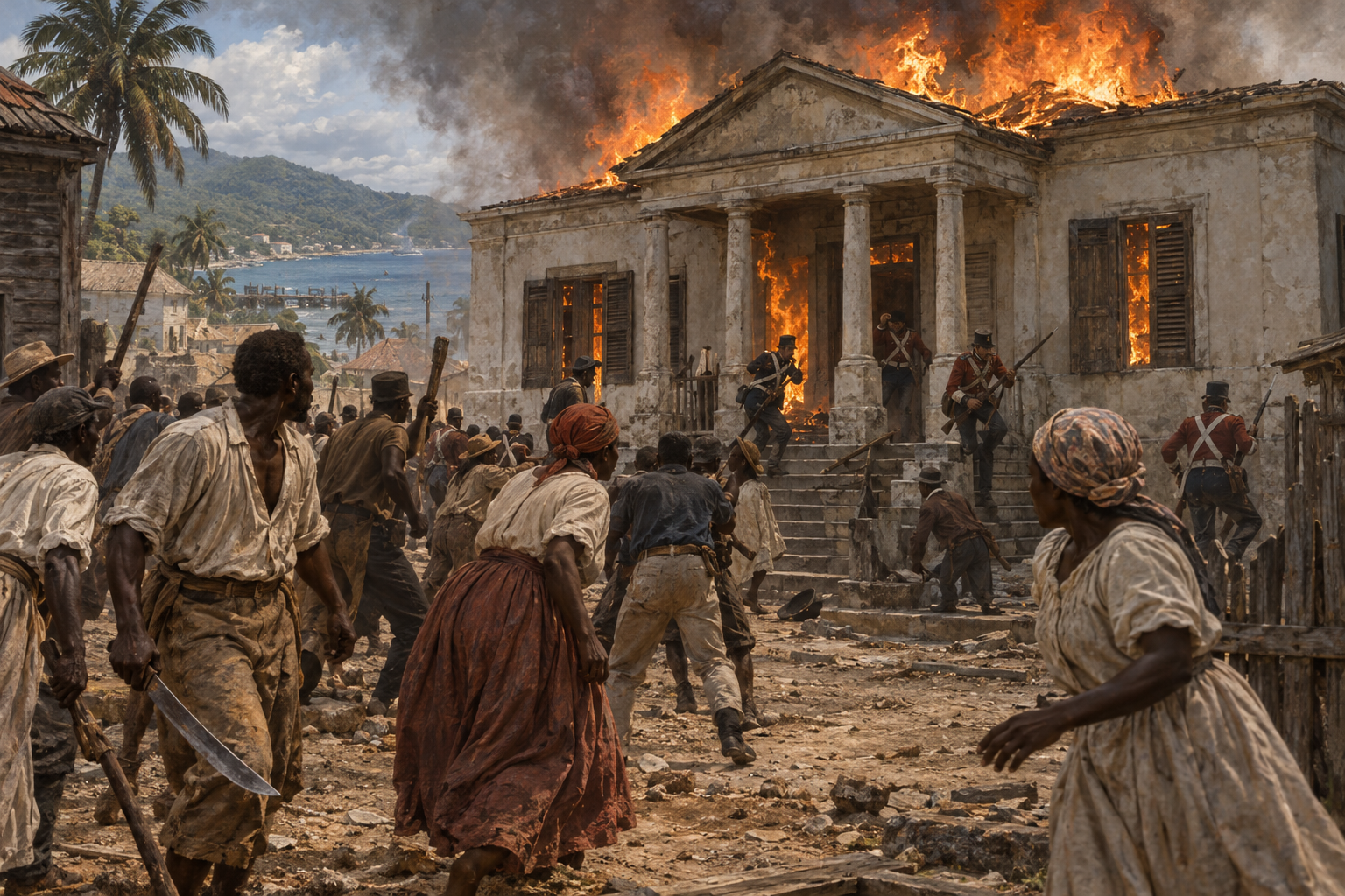 Domstolen i Morant Bay stacks i brand den 11 oktober 1865 efter att milisen skjutit mot folkmassan. Rekonstruktionen skildrar den våldsamma konfrontation som blev upptakten till en omfattande repression.