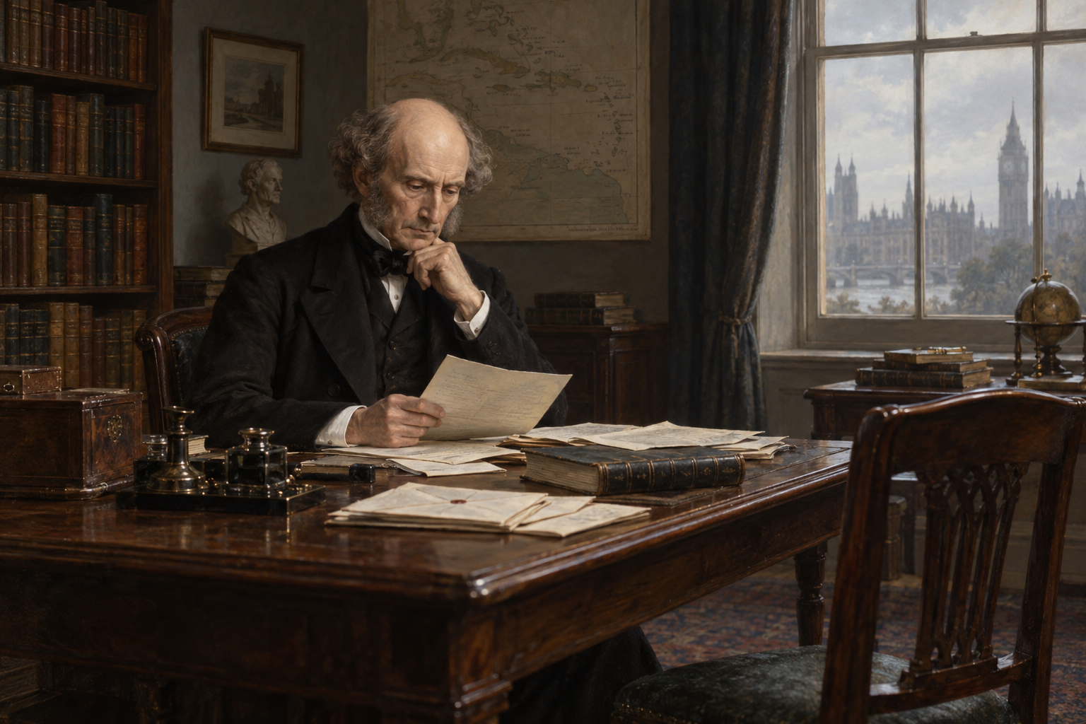 John Stuart Mill blev Jamaica Committees mest framträdande ledare i försöken att utkräva ansvar för övergreppen. Rekonstruktion av Mill i en arbetsmiljö; kampanjen ledde inte till någon fällande brottmålsdom mot Eyre.