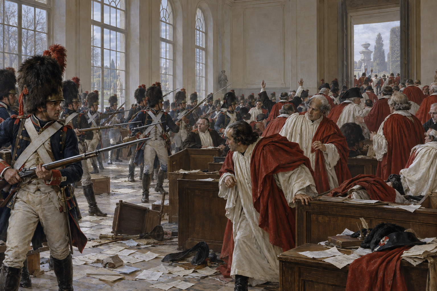 Soldater röjer de femhundras råds mötessal i Saint-Cloud den 10 november 1799. Rekonstruktion av ingripandet som säkrade kuppens utgång; de dramatiska detaljerna varierar mellan vittnesmålen.