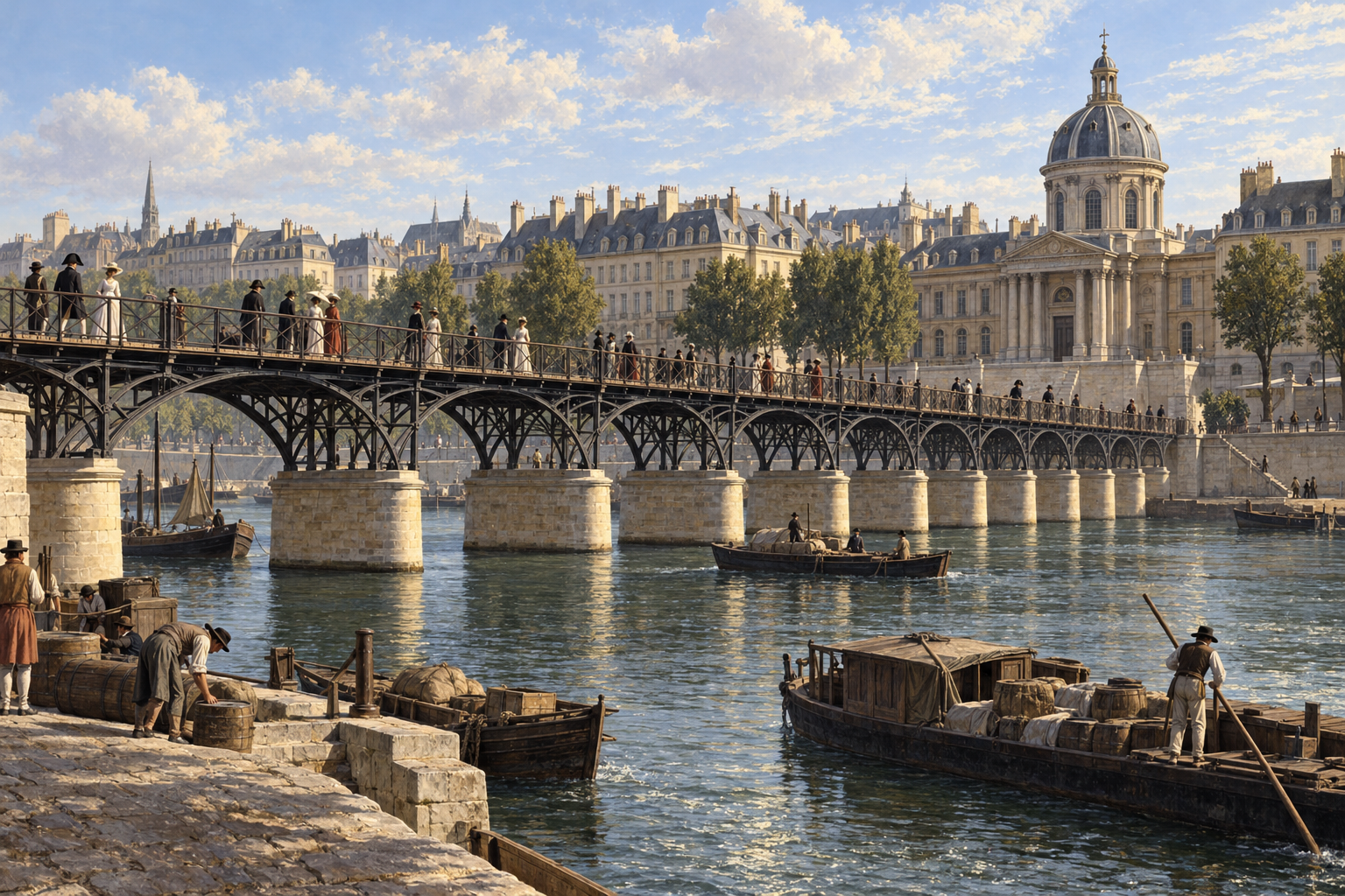 Pont des Arts öppnade 1803 som en gångbro av järn och hörde till konsulatets förändringar av Paris. Rekonstruktionen visar den ursprungliga niobågiga bron, inte dagens ersättare.