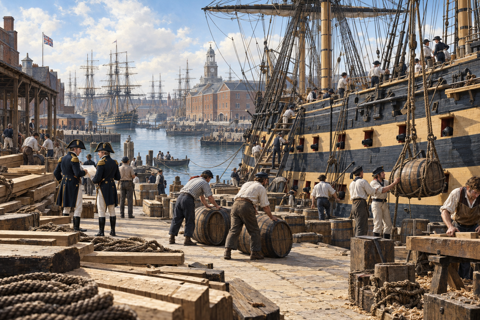 Storbritanniens sjömakt krävde varv, förråd, arbetskraft och ett finanssystem som kunde bära stora krigslån. Rekonstruktion av örlogsvarvet i Portsmouth omkring 1805, året för Nelsons seger vid Trafalgar.