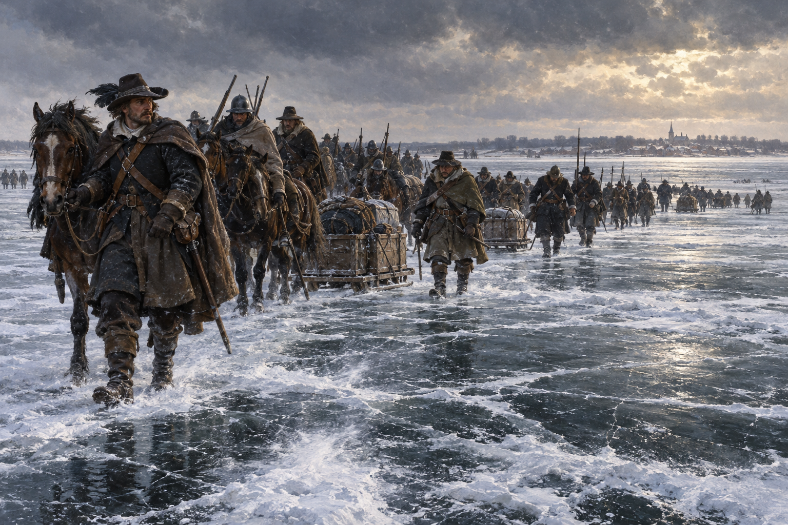 Tågen över Bälten i februari 1658 förde Karl X Gustavs armé mot det danska rikets centrum och banade väg för freden i Roskilde. Rekonstruktion av övergången från Langeland mot Lolland.