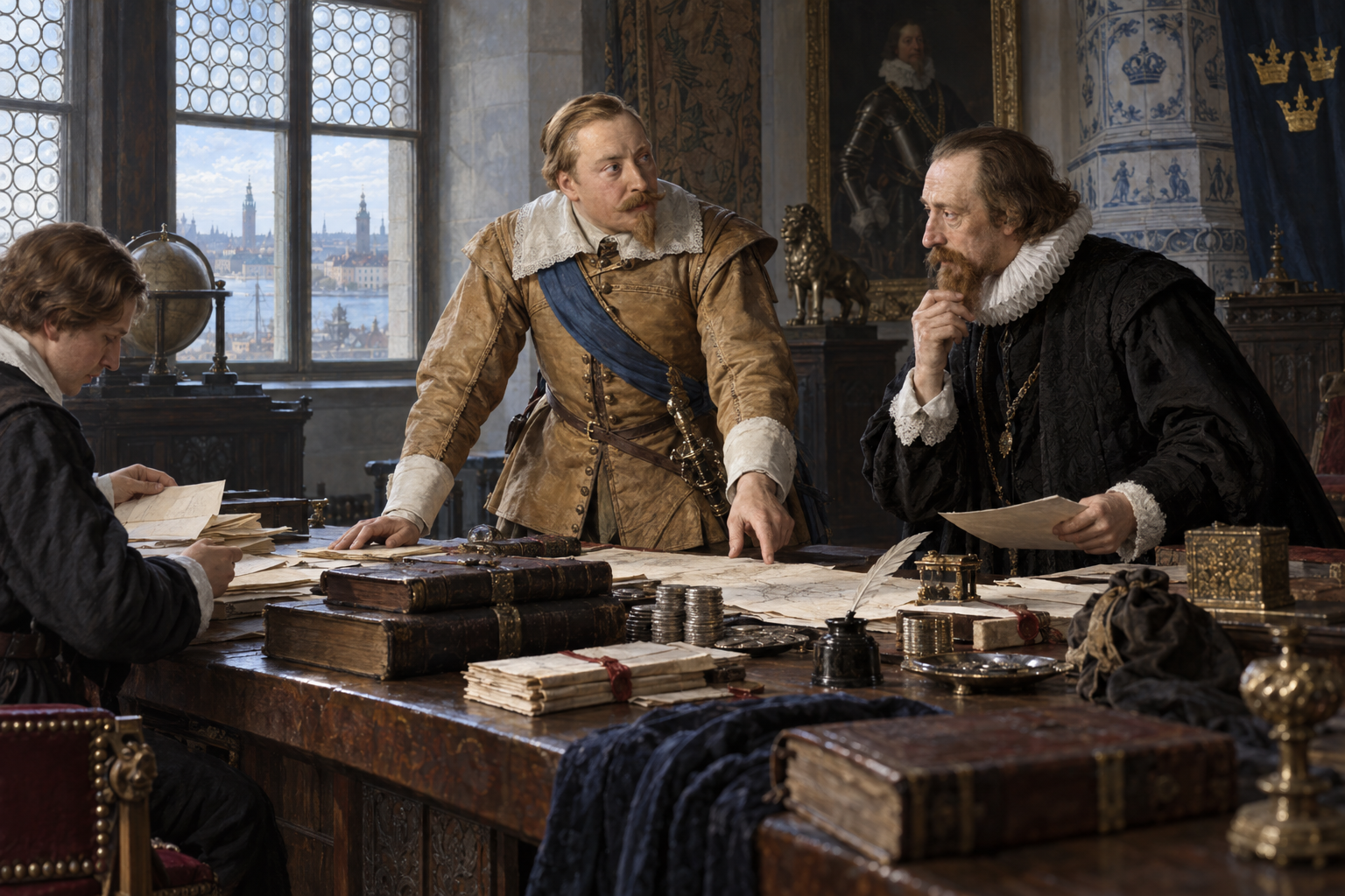 Gustav II Adolf och Axel Oxenstierna förenade militärt ledarskap med förvaltning och finansiering. Den rekonstruerade scenen gestaltar deras samarbete, inte ett dokumenterat möte.