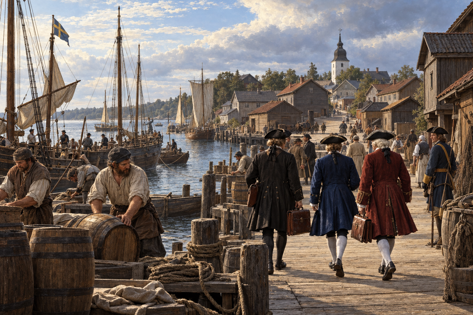 I Nystad 1721 bekräftades förlusten av Sveriges stormaktsställning i östra Östersjön, medan huvuddelen av Finland återlämnades till riket. Rekonstruktion av den lilla finska kuststadens hamnmiljö vid tiden för fredsuppgörelsen.