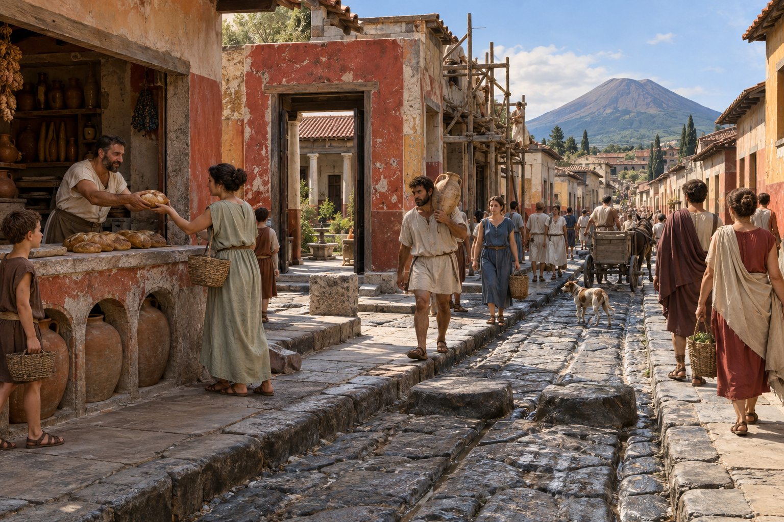 Pompeji var en levande handels- och hantverksstad med stora sociala skillnader. Rekonstruktionen visar gatuliv, matförsäljning och byggnadsarbete före utbrottet år 79.