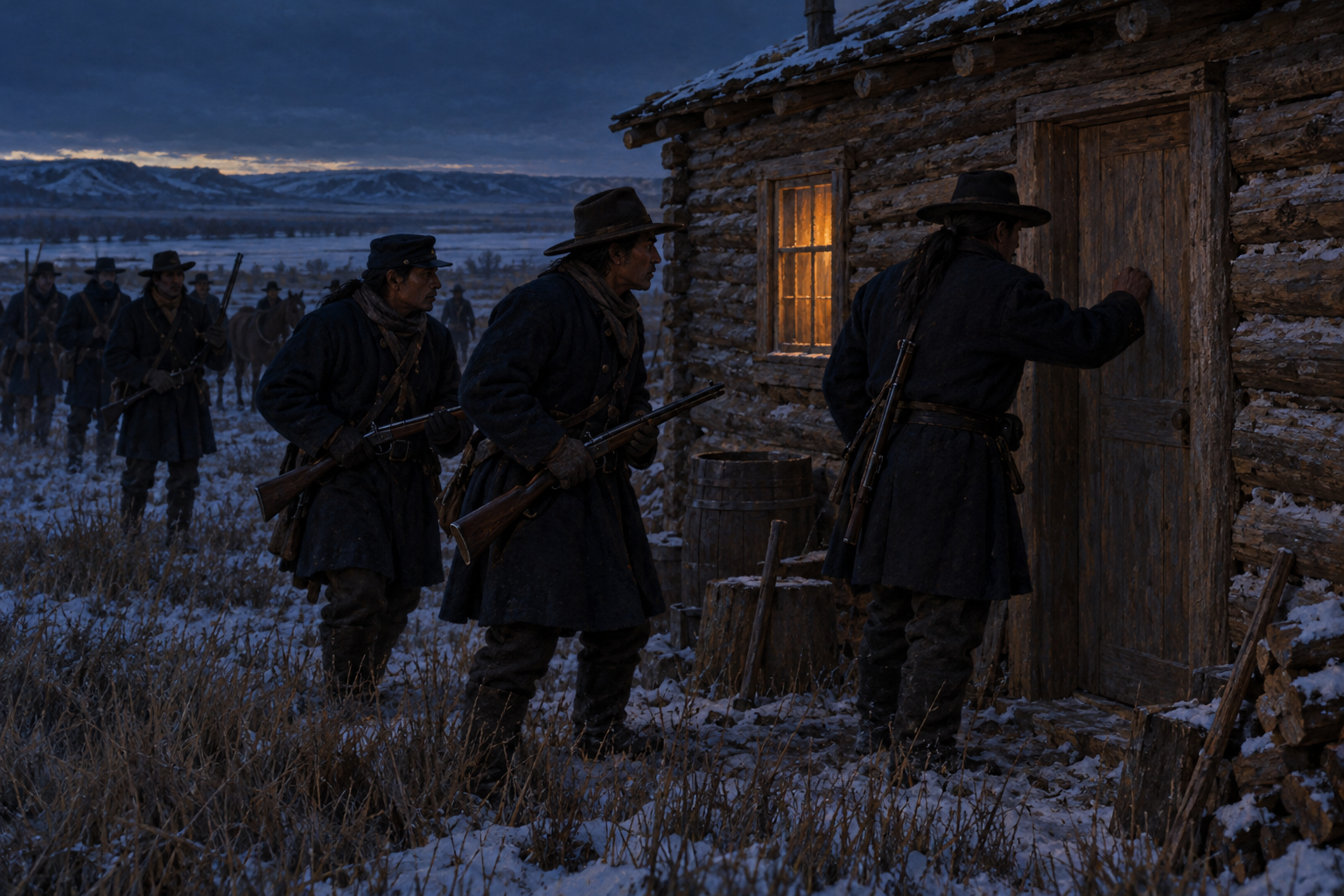 Reservatets urfolkspolis kom till Sitting Bulls hus före gryningen den 15 december 1890. Rekonstruktionen visar närmandet före gripandet, som övergick i en dödlig skottväxling.