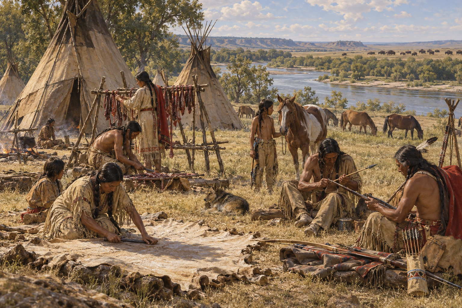 Buffeln gav mat, tältdukar, kläder och material till redskap i Sitting Bulls barndomsvärld. Rekonstruktion av ett hunkpapaläger omkring 1845, inte en dokumenterad episod ur hans ungdom.