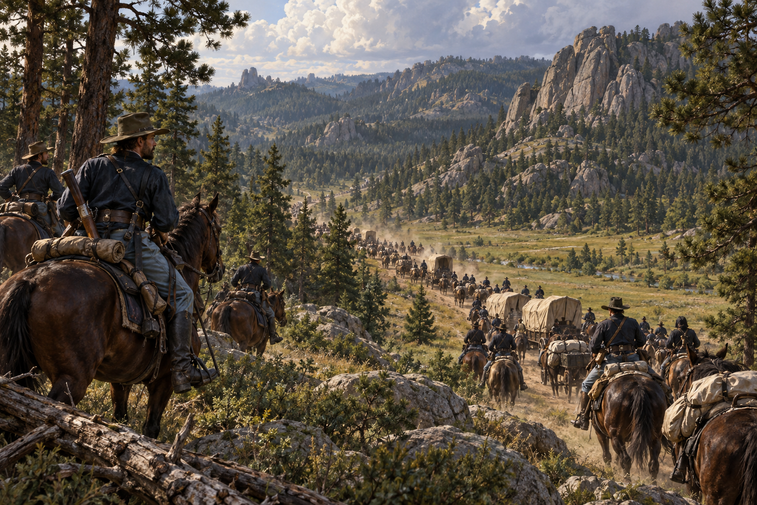 Custers expedition gick in i Black Hills 1874, trots att området låg inom det reservat som skyddades av Fort Laramie-fördraget. Rapporter om guld lockade därefter dit guldletare. Rekonstruktion.