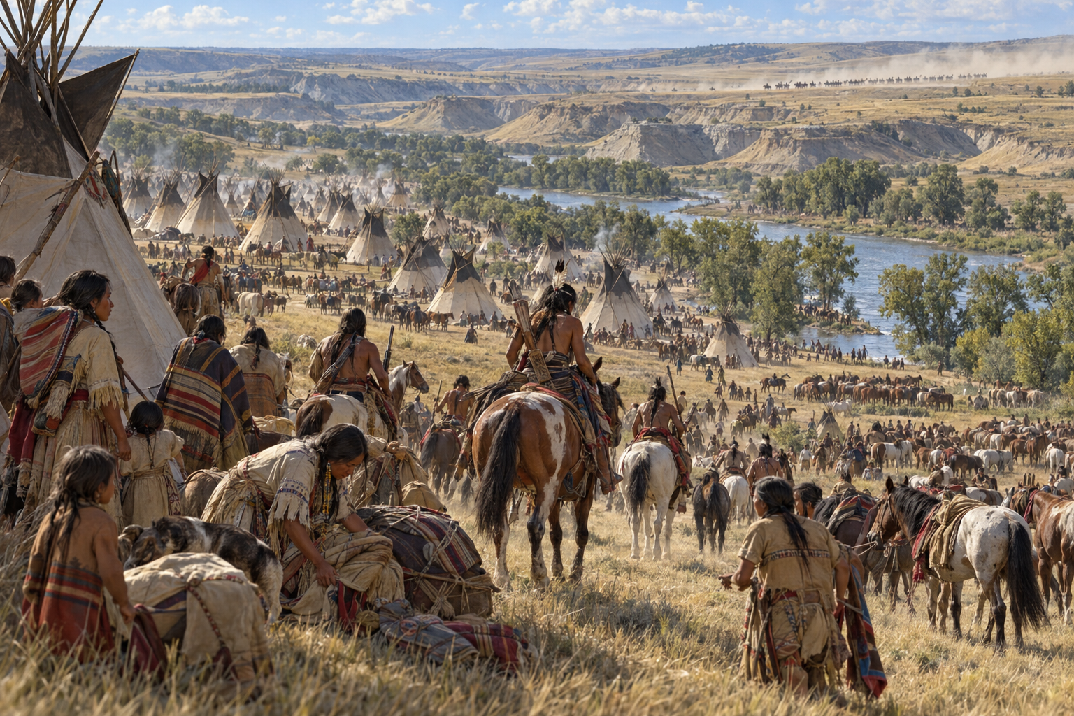 Lägret vid Little Bighorn var ett samhälle av familjer, hästhjordar och krigare med olika ledare, inte en armé under Sitting Bulls samlade befäl. Rekonstruktion av lägret när kavalleriets angrepp hotade den 25 juni 1876.