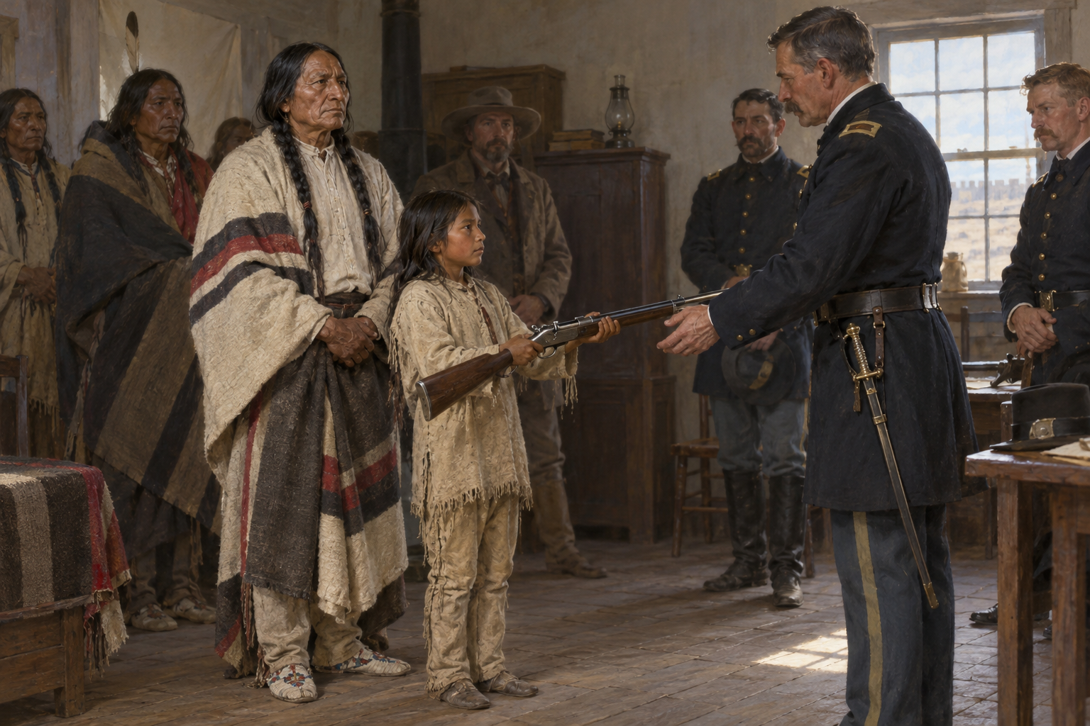 Vid kapitulationen i Fort Buford den 19 juli 1881 lät Sitting Bull sin unge son överlämna hans gevär. Rekonstruktion av ceremonin efter år av exil och allt svårare försörjningsproblem.
