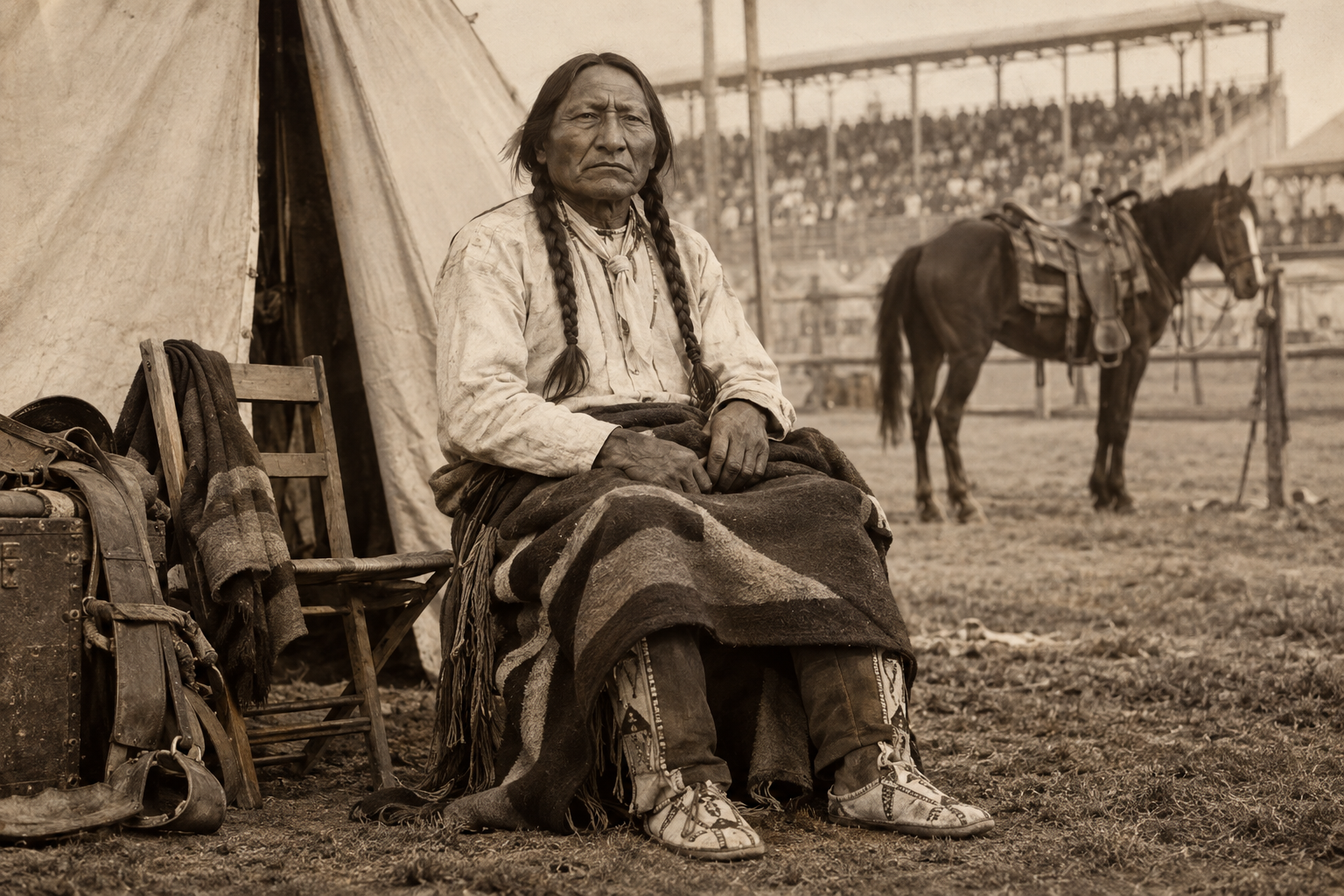 Sitting Bull reste med Buffalo Bills Wild West-föreställning under omkring fyra månader 1885 och fick inkomster genom framträdanden och autografer. Fotografisk rekonstruktion; bilden är inte ett samtida fotografi.