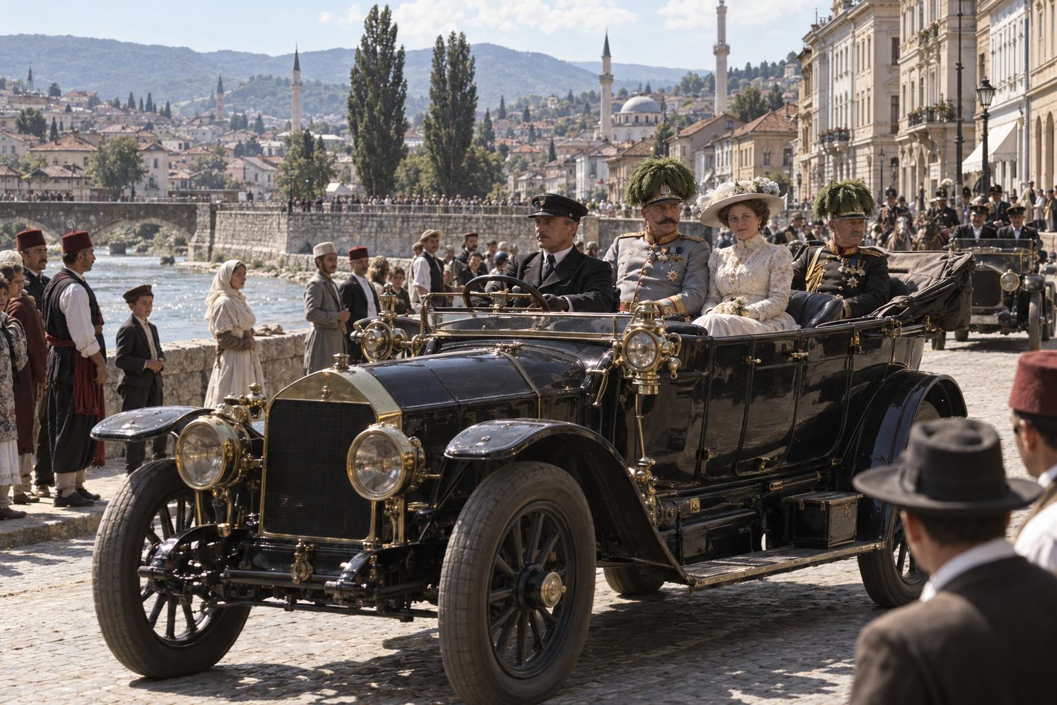 Franz Ferdinand och Sophie färdades i öppen bil längs Miljacka den 28 juni 1914. Rekonstruktionen visar hur nära åskådarna kunde komma den offentliggjorda kortegevägen.