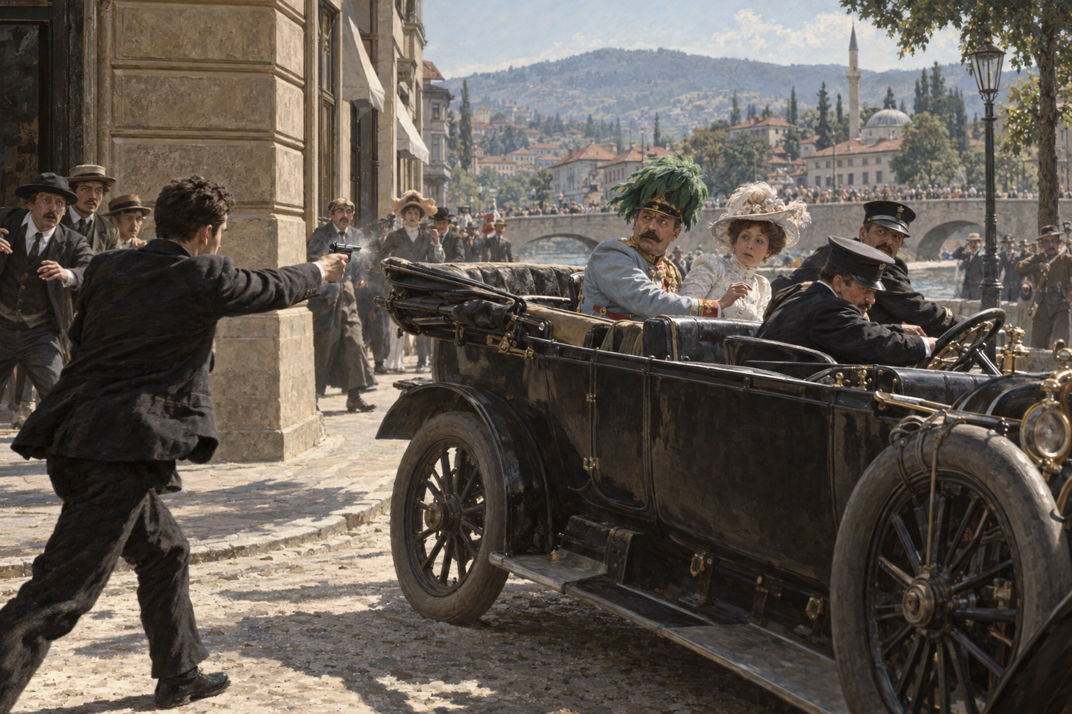 När bilen tappade fart vid Franz Joseph-gatan fick Gavrilo Princip möjlighet att skjuta på nära håll. Rekonstruktion; detaljerna i bilens inbromsning och eventuella backning är omstridda.