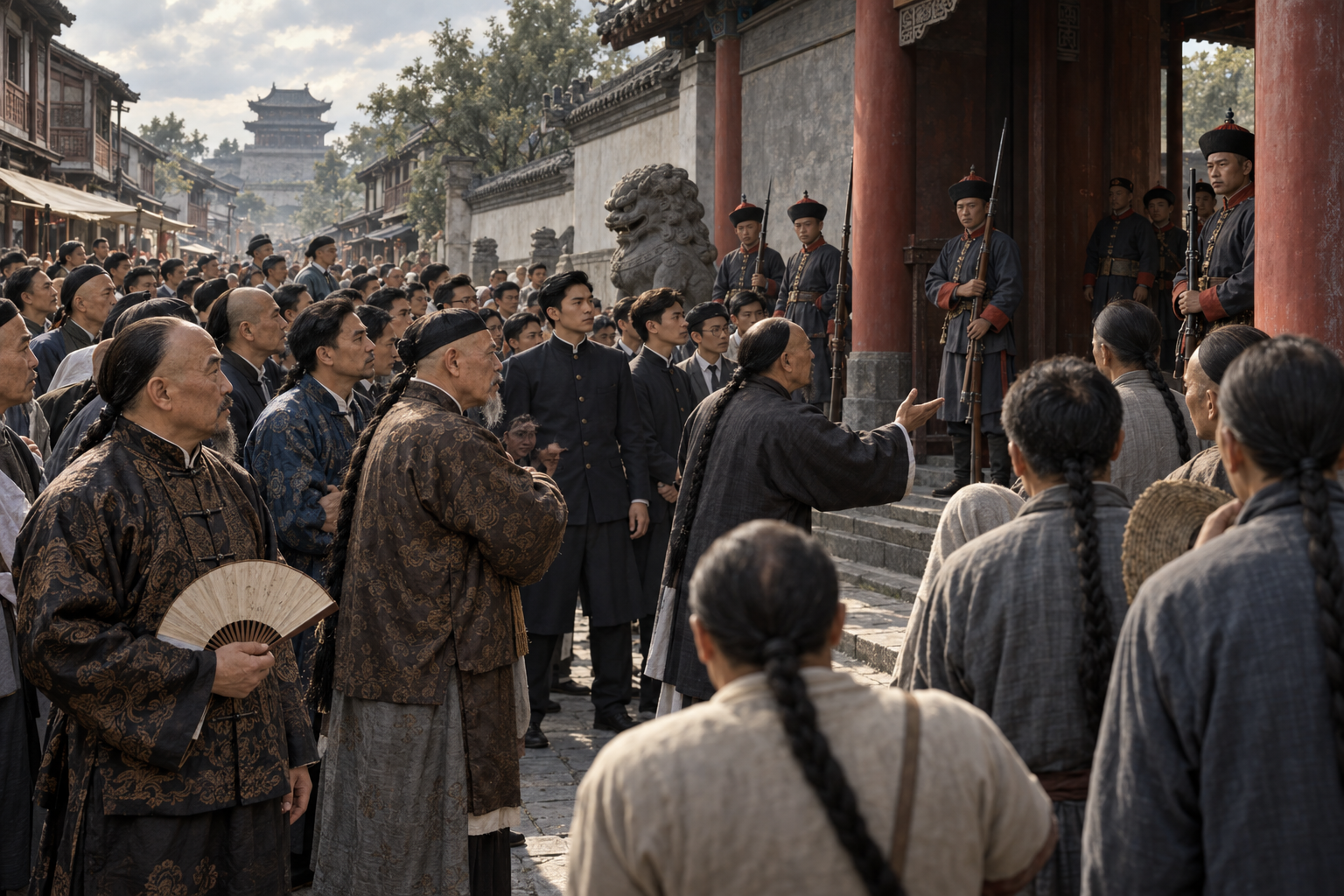 Järnvägsskyddsrörelsen i Sichuan förenade protester mot utländska lån med försvar av regionala investeringar. Rekonstruktion av en sammankomst i Chengdu hösten 1911.