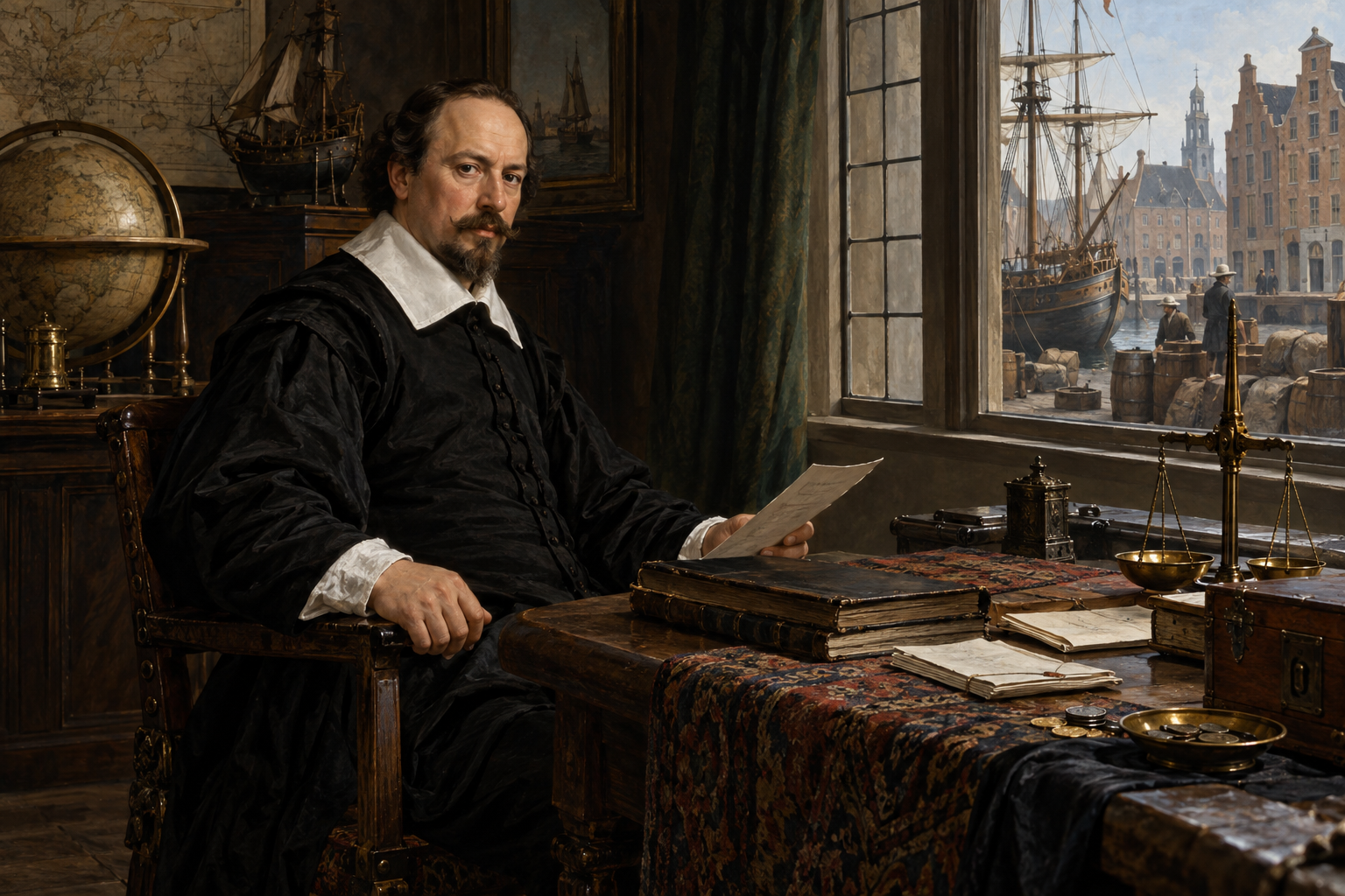 Louis De Geer förenade kapital, handel och vapenleveranser med satsningar på svensk järnhantering. Rekonstruerad scen i en nederländsk köpmansmiljö omkring 1630, inte en avbildning av ett dokumenterat tillfälle.